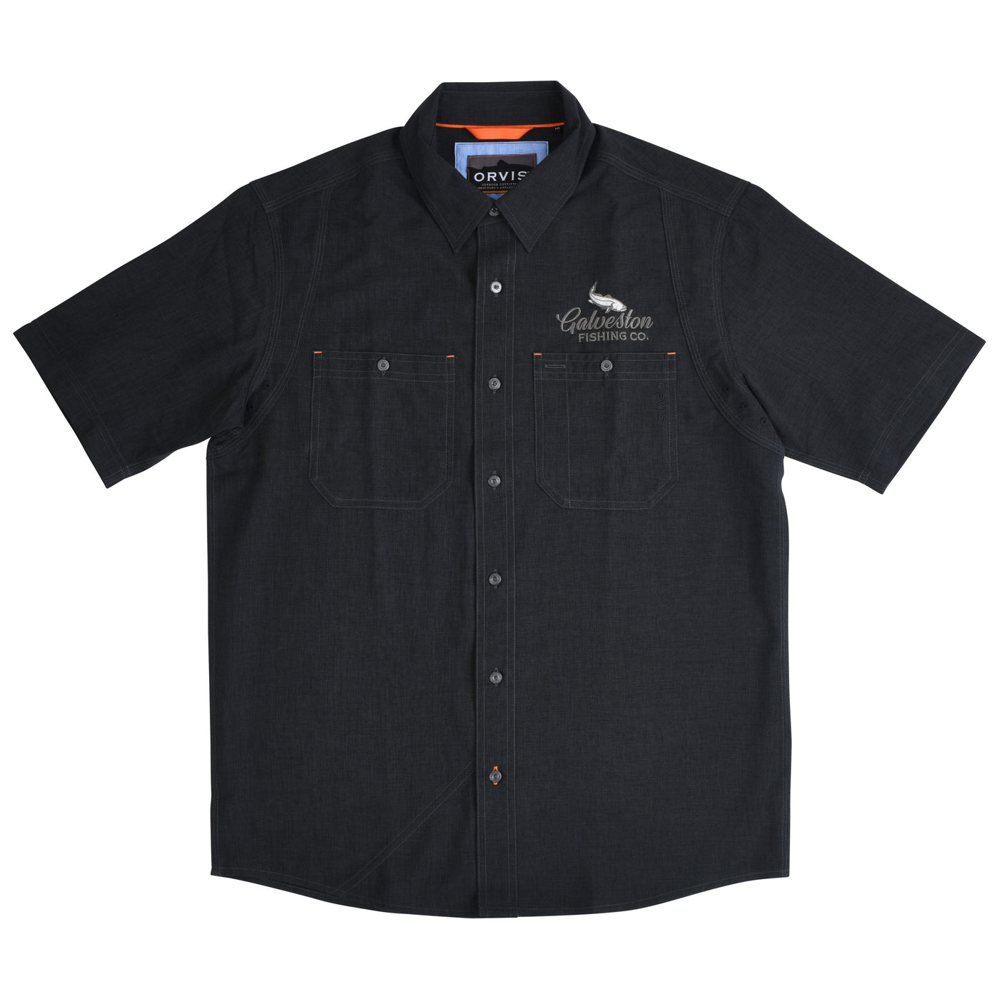 GFC Orvis Men's Tech Chambray Short Sleeve Work Shirt, Embroidered Logo Left ChestBlack / Gray & White Image 01