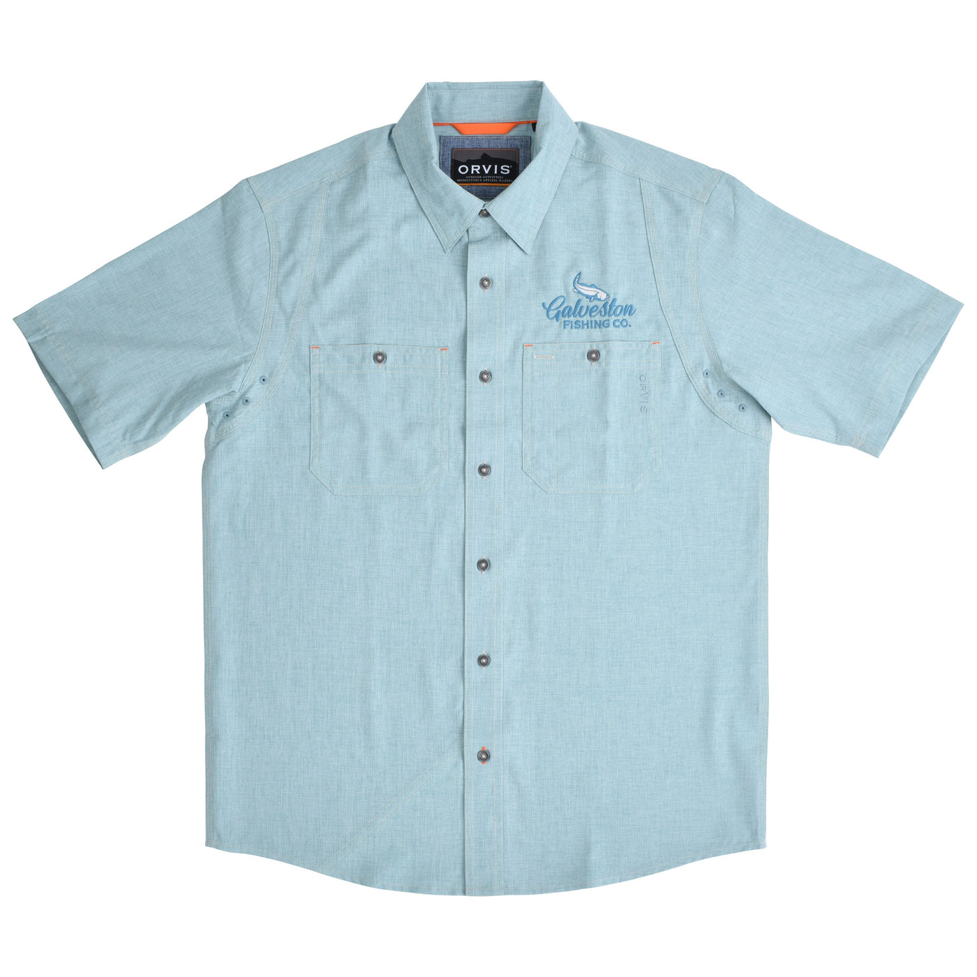 GFC Orvis Men's Tech Chambray Short Sleeve Work Shirt, Embroidered Logo Left ChestMineral Blue / Turquoise & White Image 01