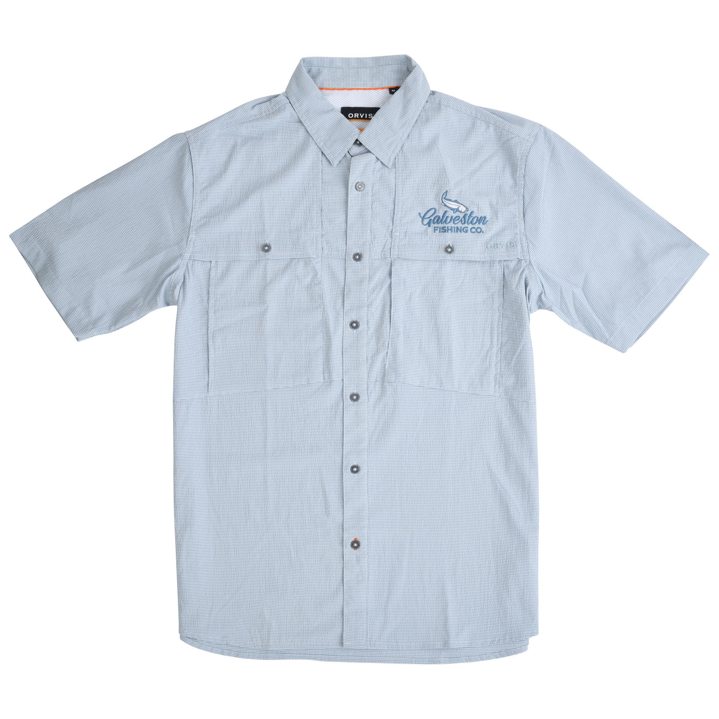 GFC Orvis Men's Open Air Caster Short Sleeve Shirt, Embroidered Logo Left ChestMineral Blue & White / Dk Mineral & White Image 01