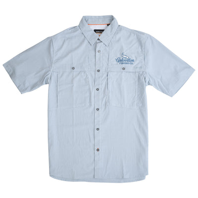 GFC Orvis Men's Open Air Caster Short Sleeve Shirt, Embroidered Logo Left ChestMineral Blue & White / Dk Mineral & White Image 01